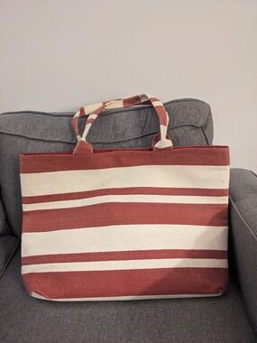 Striped Red and Cream Canvas Beach Bag | Striped Oversized Tote